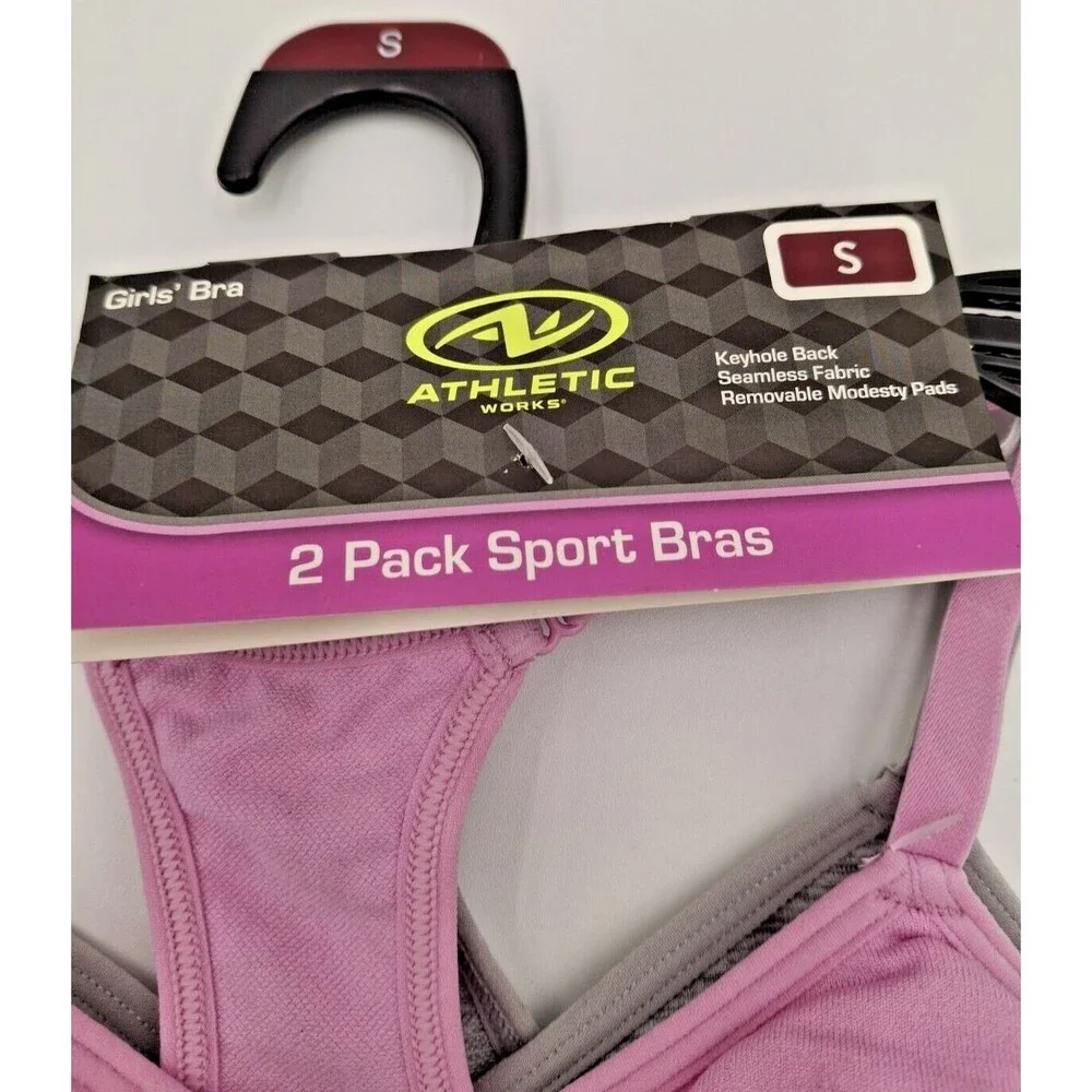 NWT Athletic Works Girls Sports Bras 2-Pack Size S Small Pink & Grey